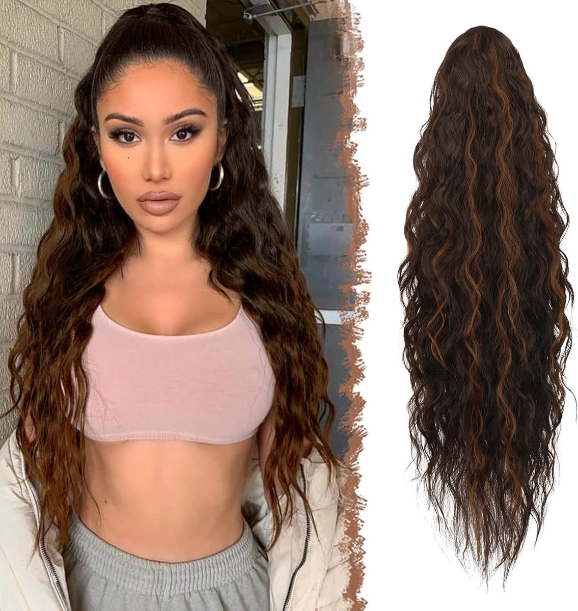Langdurige Krullende Ponytail Extensions van Synthetisch Haar - 65cm, Donkerbruin en Roodbruin, Ideaal voor Vrouwen die een Volumineuze Look Willen Creëren