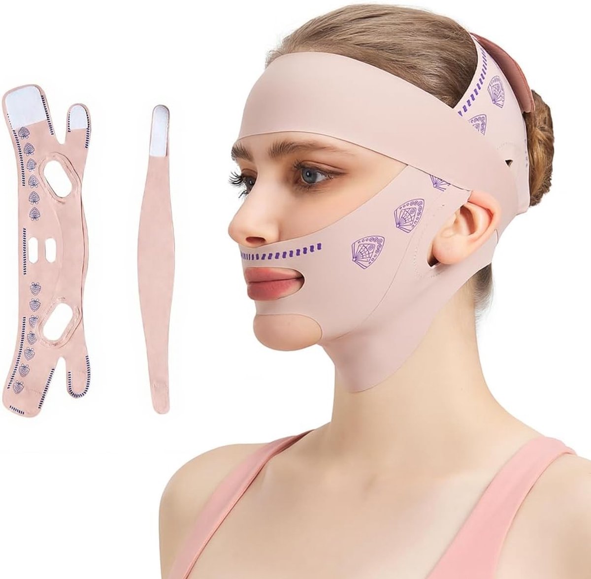 Lifting Mask voor het Verwijderen van een Dubbele Kin, Gezichtsverstevigende Band voor Slanker Gezicht en Strakkere Huid, 360 Graden Volledige Bedekking (Roze)