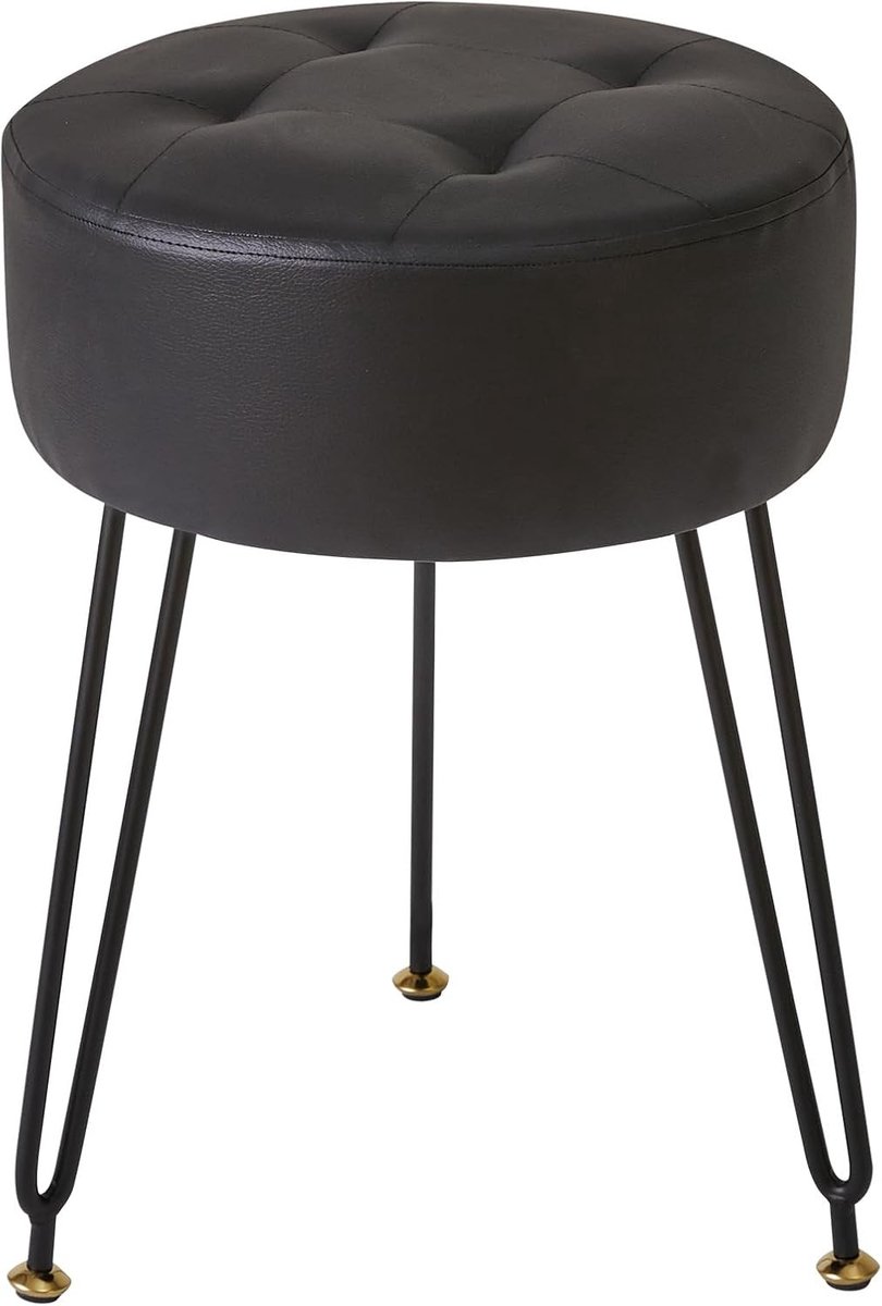 Ronde Faux Leather Poef voor Make-up en Dressing Tafel, Zwart met Gouden Stalen Poten, Comfortabele Zitplaats en Decoratief Meubel