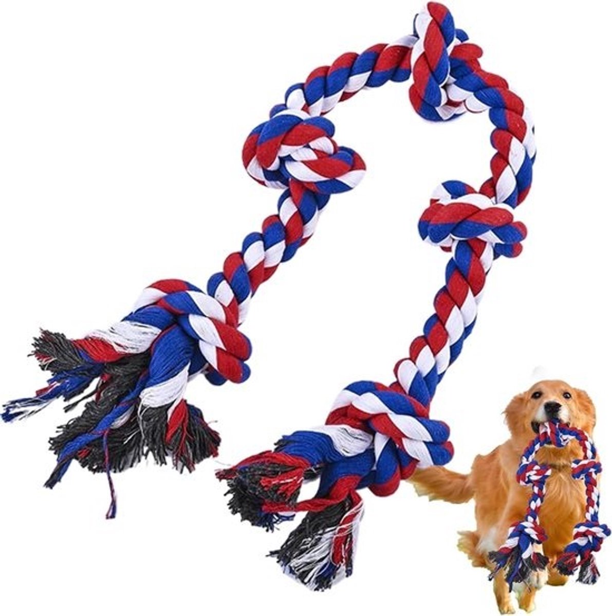 Hondenspeeltouw - Touwtrekspeelgoed Kauwspeelgoed - Interactief Spelen - Versterkt Tandgezondheid - 90 cm - Rood Wit Blauw