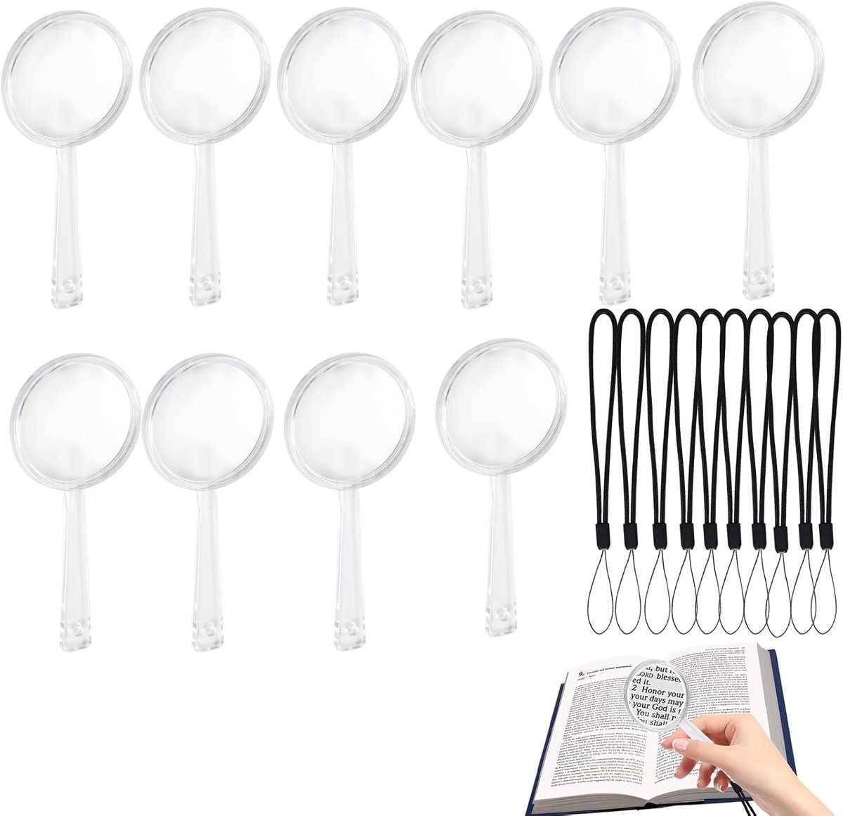 Set van 10 Mini Vergrootglazen met Lanyards, Lichtgewicht Acryl Handmagnifiers 89 x 40 mm voor Onderwijs, Lezen en Natuuronderzoek