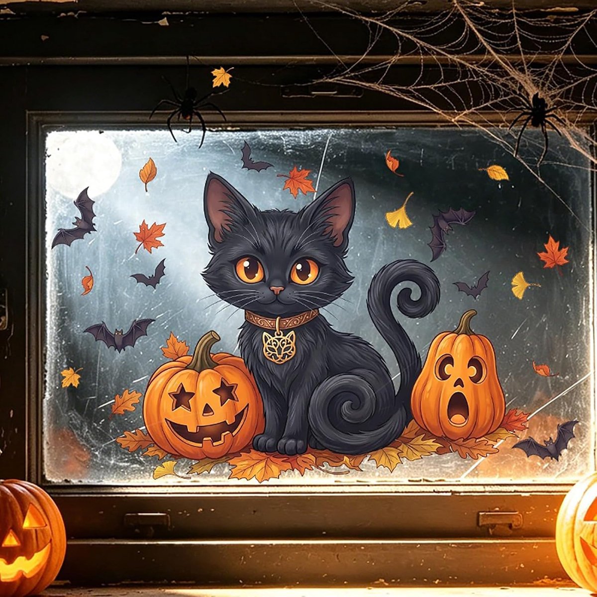Halloween Decoratie - Raamfolie - 30x30 cm - Zwarte Kat, Vleermuis, Esdoornblad en Pompoen - Statische Clingar - 2 stuks