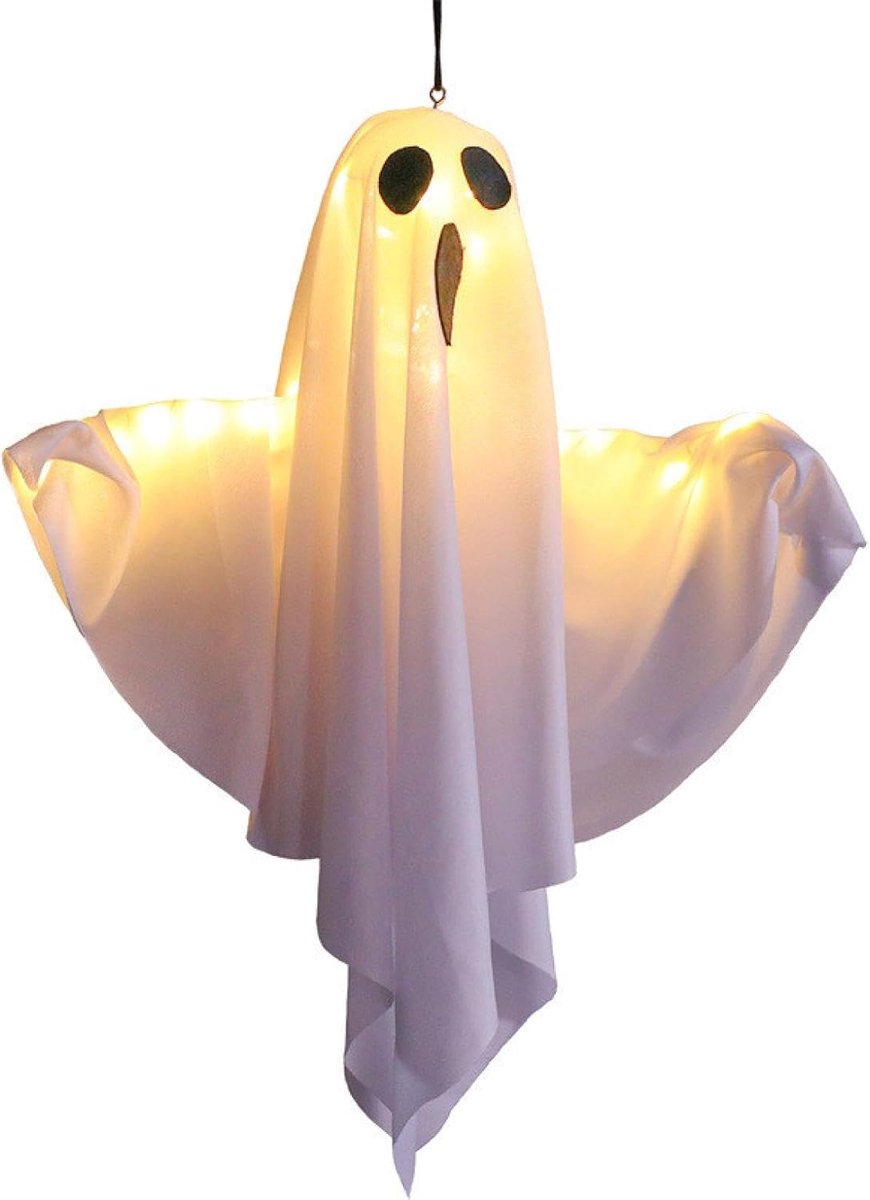 Verlichte Hangende Spookdecoratie - 40×50 cm - Witte Vliegende Spook - Met Batterijgevoede Lichten - Geschikt voor Tuin, Patio, Boom en Voordeur - Halloween Buiten- en Binnendecoratie - Spookachtig en Feestelijk - Herbruikbaar - 1 Stuk