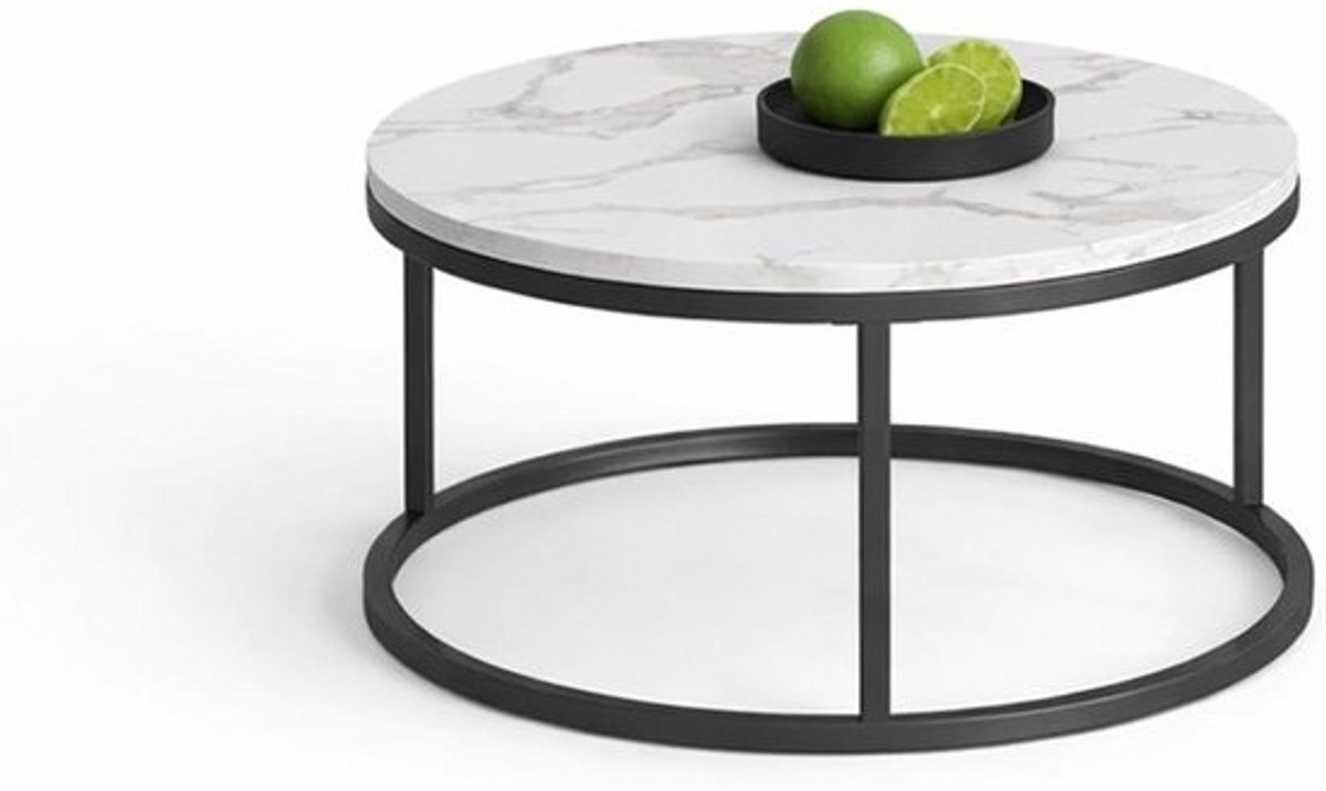 Salontafel Marmerlook - Ronde Tafel - Woonkamer Decoratie - Stalen Frame - 80 cm Diameter - Wit Marmerlook