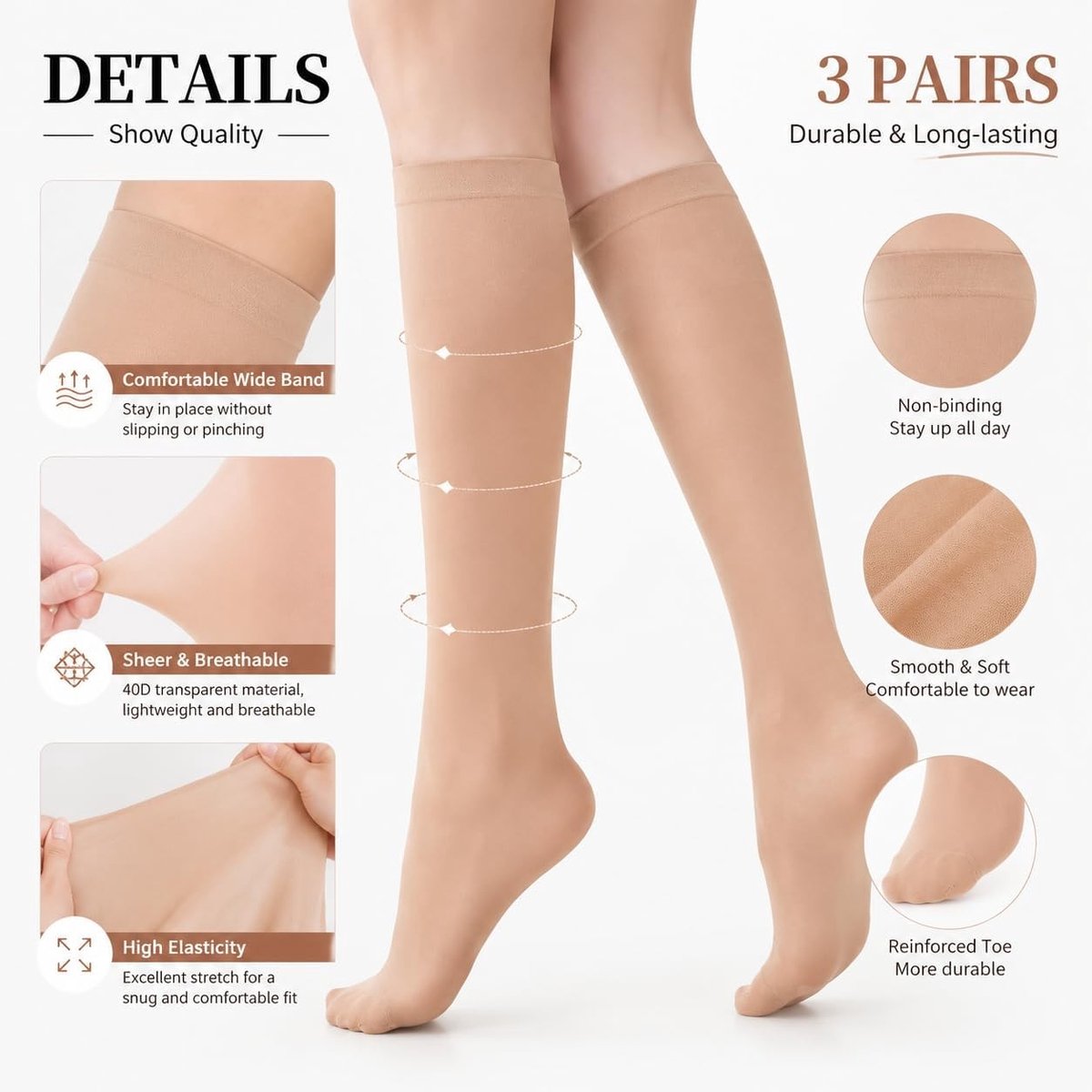 Hoge compressie steunkniekousen voor dames - 3 paar 20-30 mmHg, ademend nylon, dagelijks draagcomfort en optimale beenondersteuning in zwart en huidskleur