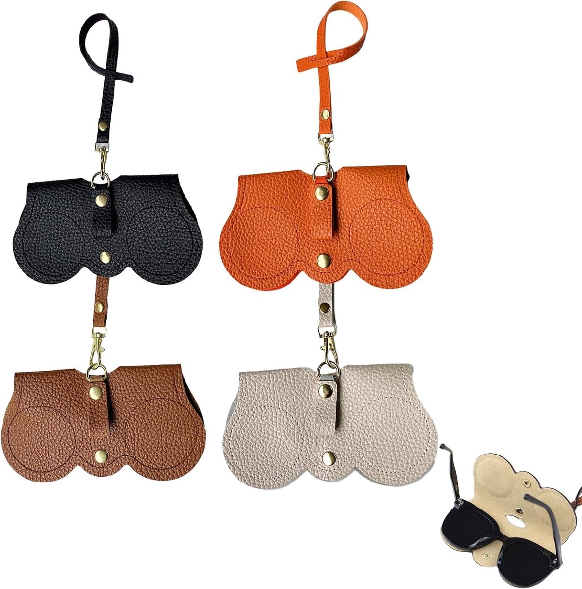 Set van 4 Zachte Leren Zonnebril Etuis, Ideaal voor Dames, Handige Brilhoezen in Zwart, Bruin, Oranje en Lichtgrijs, Perfect voor Op Reis en Bescherming van Je Bril, 15 x 8,5 cm