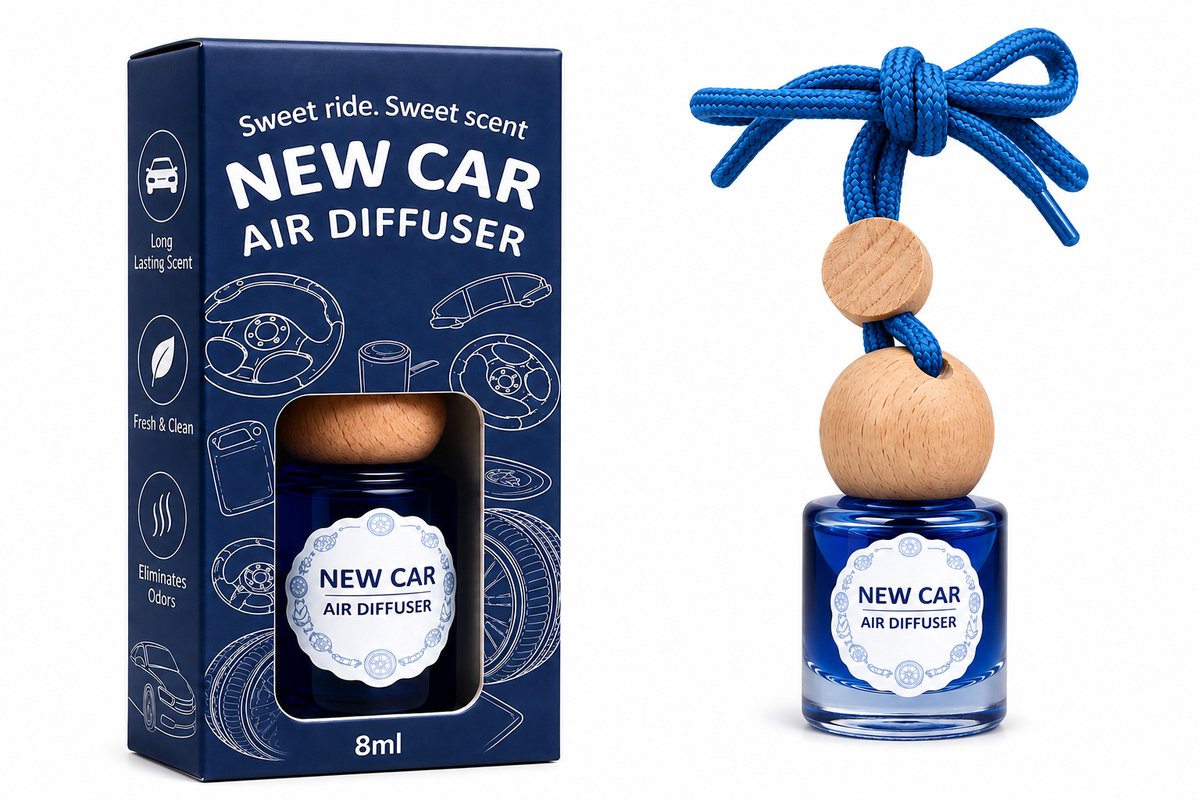 Auto Parfum New Car 8 ml – Autoparfum met Houten Dop – Hangende Luchtverfrisser Auto – Frisse Autogeur