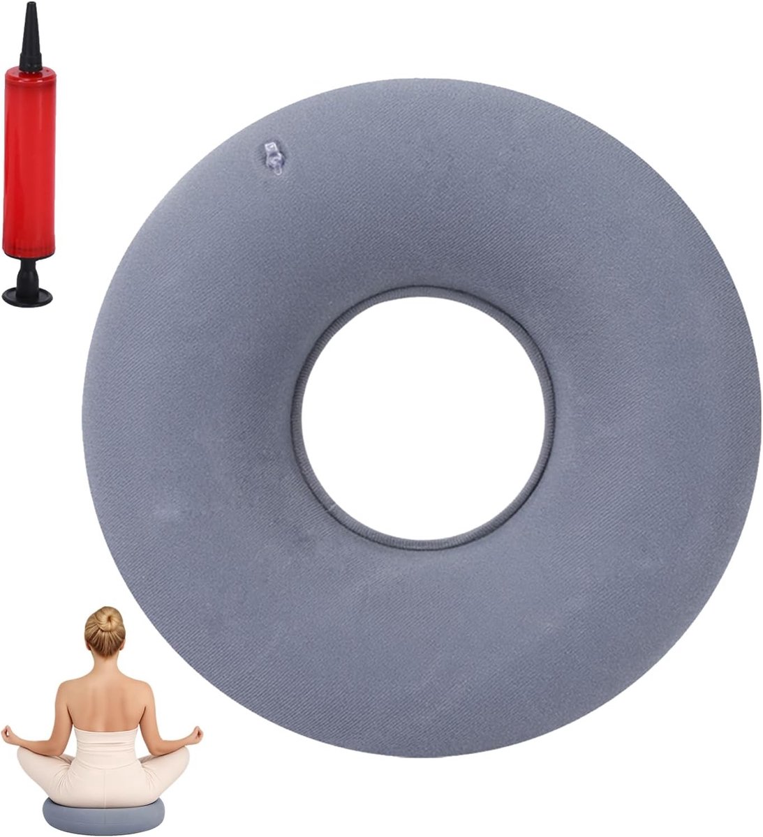 Zitring voor drukontlasting, opblaasbaar stuitbeenkussen voor kantoor en rolstoel, comfortabel zitkussen met luchtpomp, 34 cm donutkussen voor aambeien en rugklachten