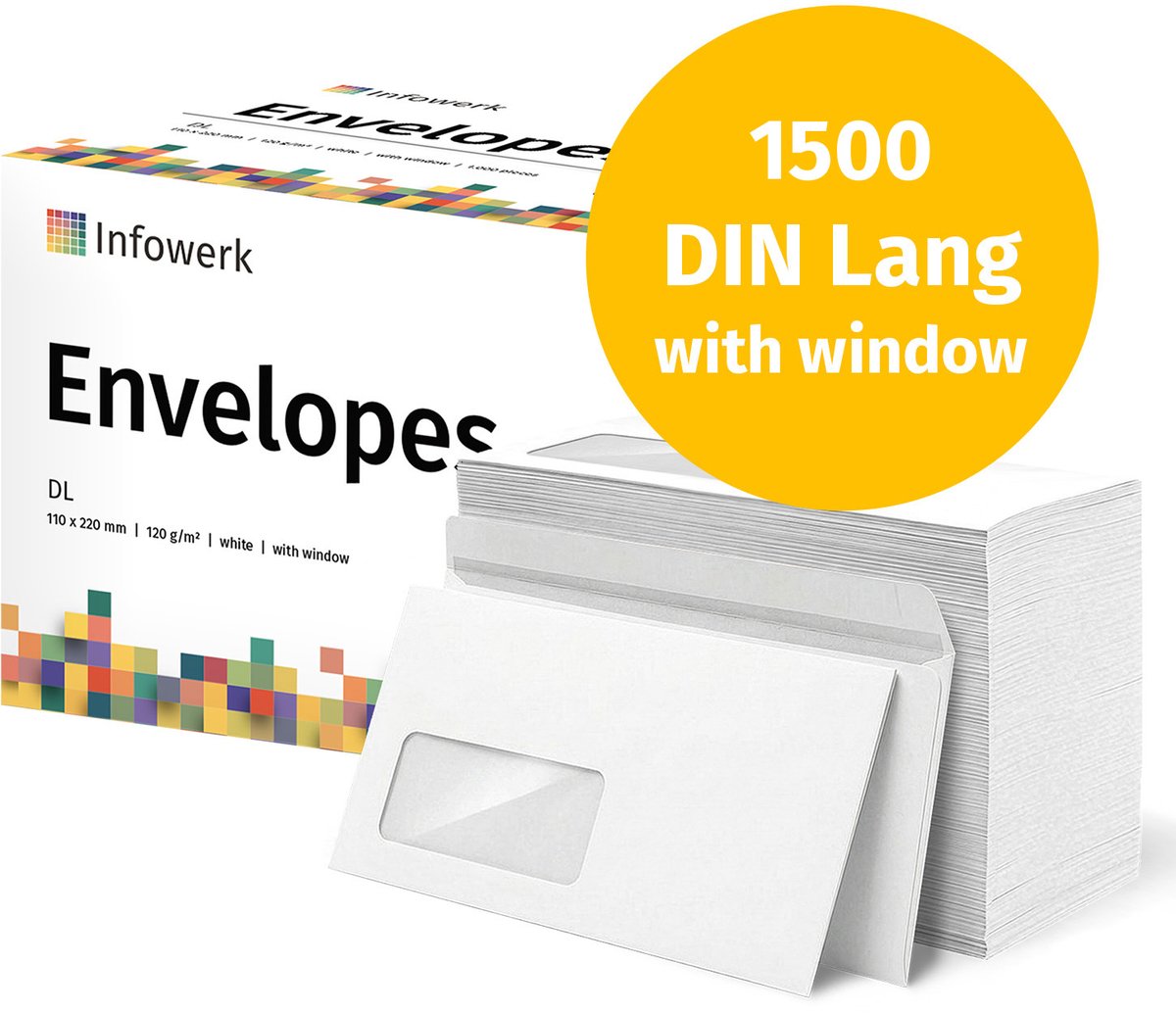NIEUW: Infowerk Enveloppen met venster, DIN Lang, onbedrukt, 1500 stuks