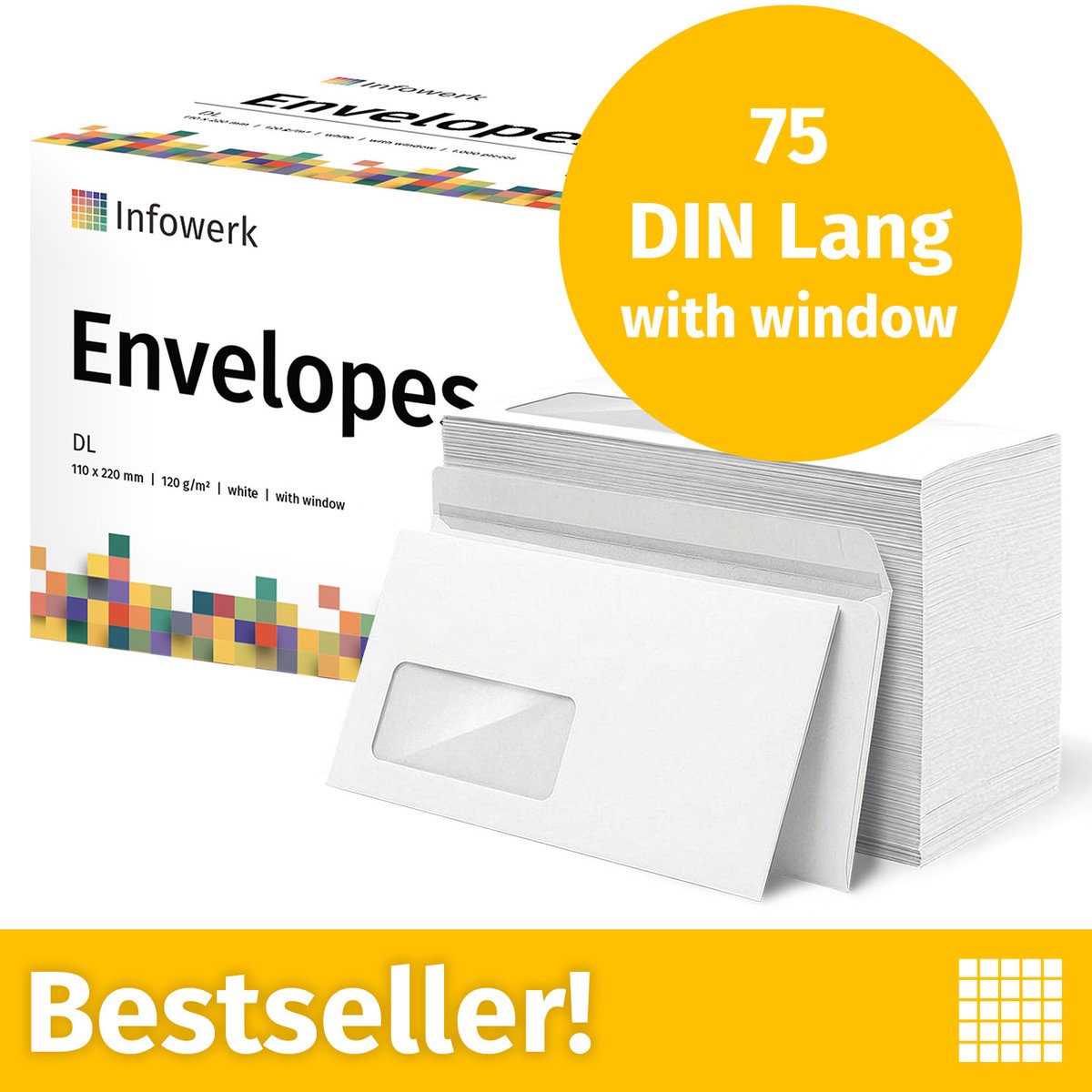 NIEUW: Infowerk Enveloppen met venster, DIN Lang, onbedrukt, 75 stuks