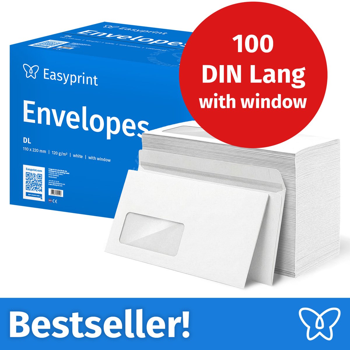 NIEUW: Easyprint Enveloppen met venster, DIN Lang, onbedrukt, 100 stuks