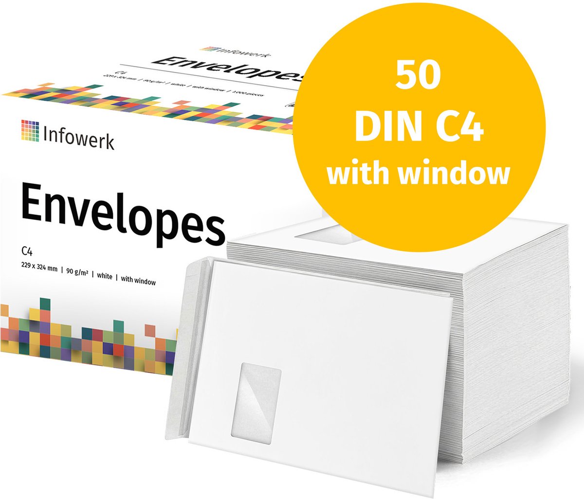 NIEUW: Infowerk Enveloppen met venster, DIN C4, onbedrukt, 50 stuks