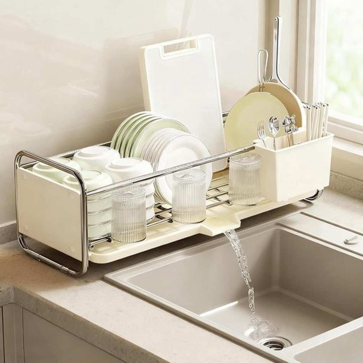 Droogrek met Afdruiprek - Keuken Organizer - Aanrecht Drogen - Intelligent Afvoersysteem - 42cm x 17cm x 17cm - Zilver