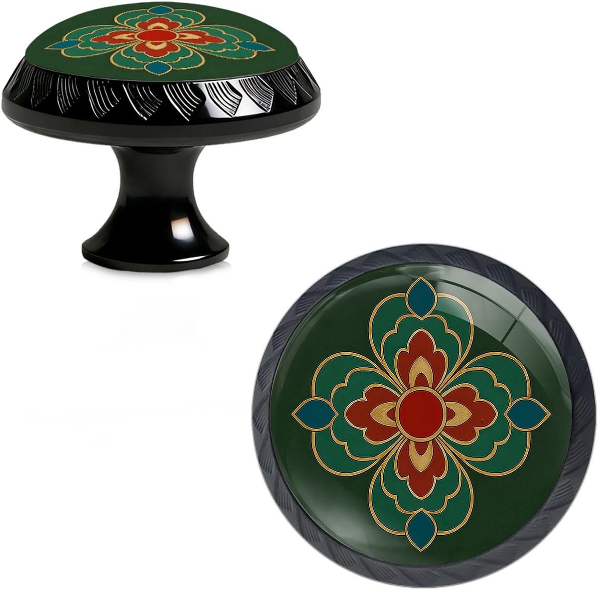 Set van 4 Donkergroene Geometrische Lotus Knoppen met Dunhuang Patroon voor Keuken- en Meubeldeuren, Perfecte Ladehandgrepen en Kastknoppen