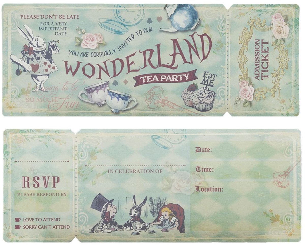 24 Stuks Alice in Wonderland Uitnodigingskaarten - Thee Party Thema