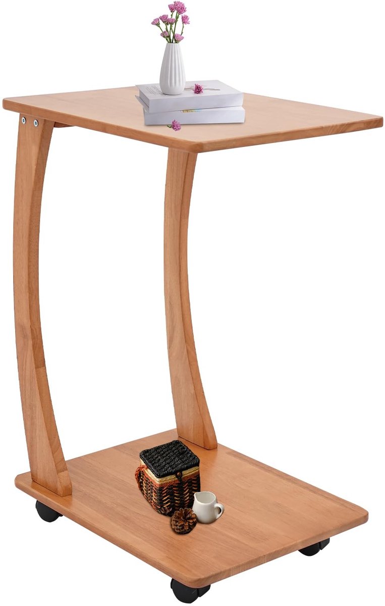 C-vormige bijzettafel met wielen - Kersenhoutkleur