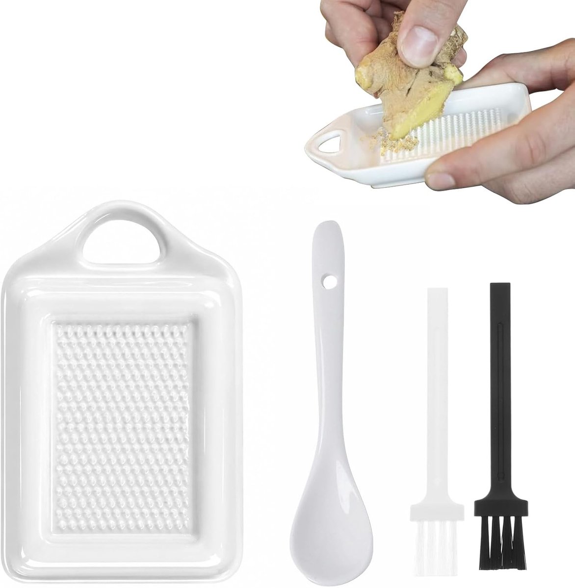 Keramische Knoflookrasp Set met Lepel en 2 Reinigingsborstels - Ideaal voor Knoflook, Gember, Uien, Muskaatnoot, Kaas en Chocolade Rasp en Bereiding
