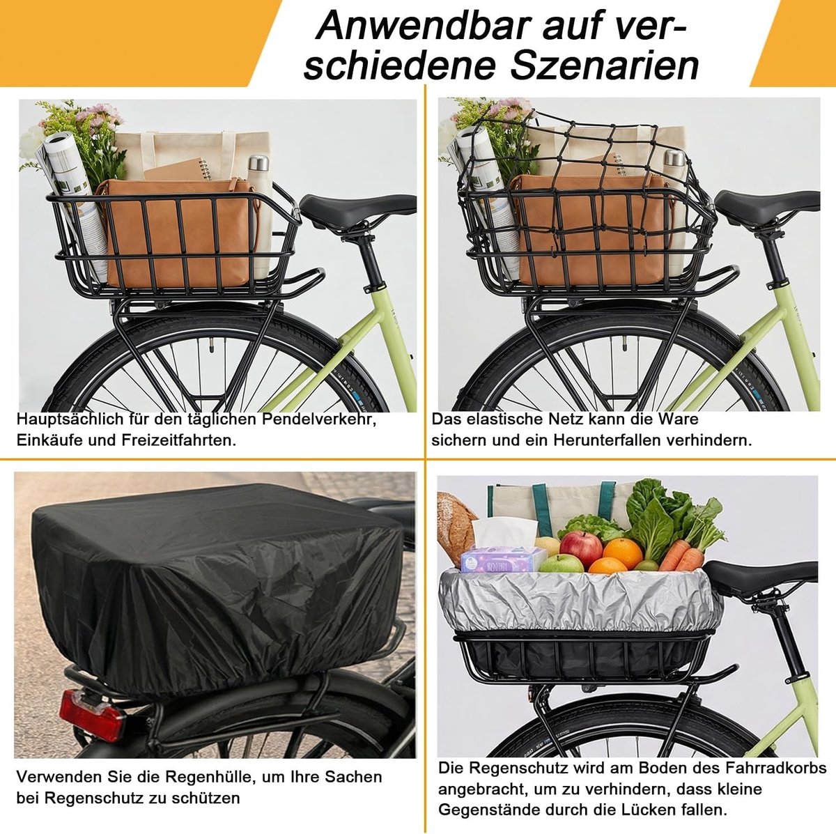 Grote robuuste fietsmand met bagagenet en regenbescherming voor achterop de fiets, geschikt voor e-bikes en normale fietsen