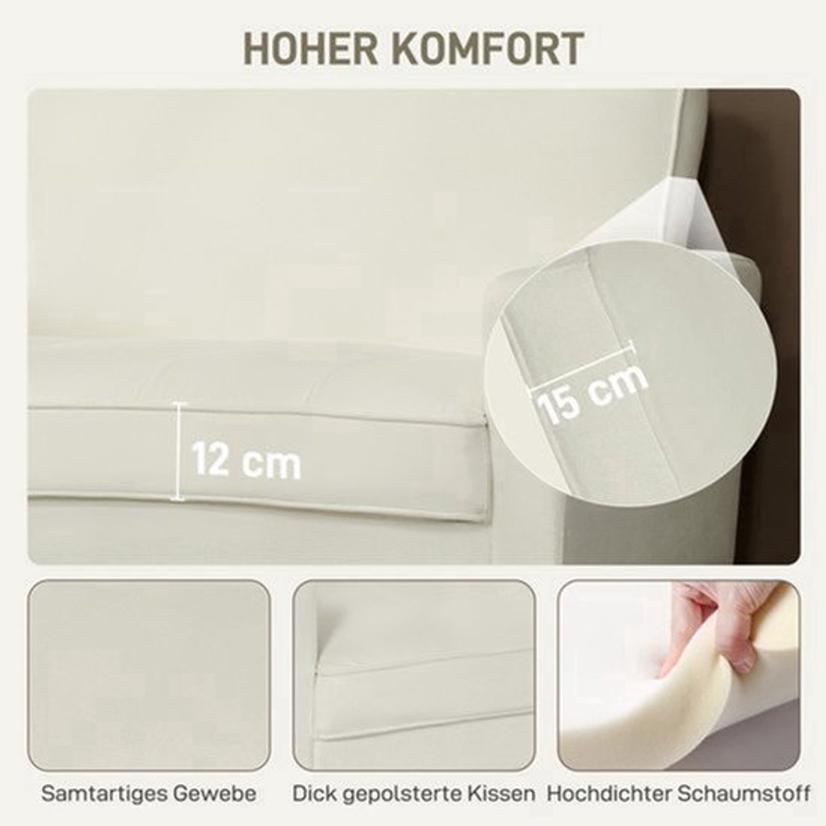 2-Zits Bank – Tweezitsbank – Loveseat – Kleine Sofa – Bankje – Crème Kleur – Rubberen Houten Poten – Hoog Zitcomfort