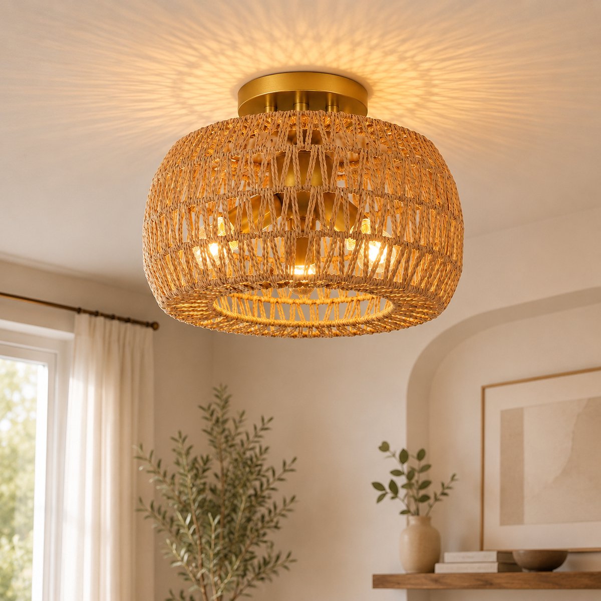 Lapamax Rotan Plafondlamp 3-Lichts - Boho Plafonnière met 3x E27 Fitting - Handgeweven Landelijke Plafondlamp Ø35 cm- Inclusief 3 LED Lampen - voor Eetkamer, Woonkamer, Slaapkamer en Keuken