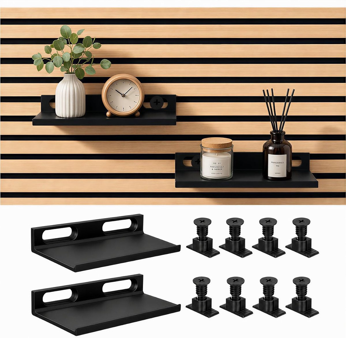 Set van 2 Akoestische Paneelplanken zonder Boren met Bevestigingsmaterialen voor Planten en Decoratie zoals Geurkaarsen