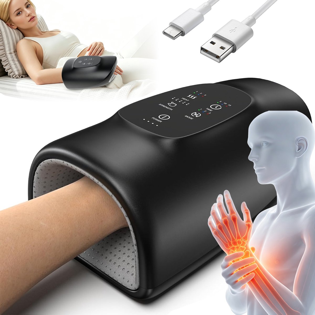 Handmassage Apparaat - Hand Massager - Elektrische Handmassage - Met Warmte & 360° Luchtcompressie - 3 Massagemodes - 5 Intensiteiten - Timer 5/10/15 Min - USB-C - Verlicht Stijfheid & Pijn - Voor Artritis & Carpaaltunnel - Zwart
