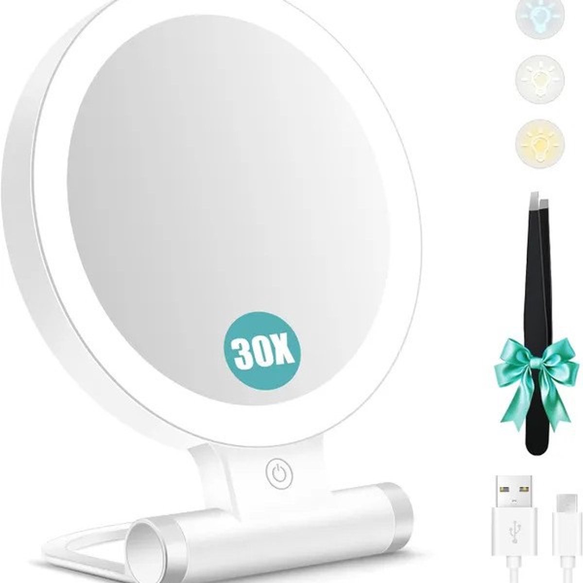 YAGXIG Cosmetische spiegel - Verlicht 30x vergrootglas - Met pincet-2000mAh batterij - 3 kleurmodi - Instelbare helderheid-Opvouwbare reisspiegel (9" L x 7" B)
