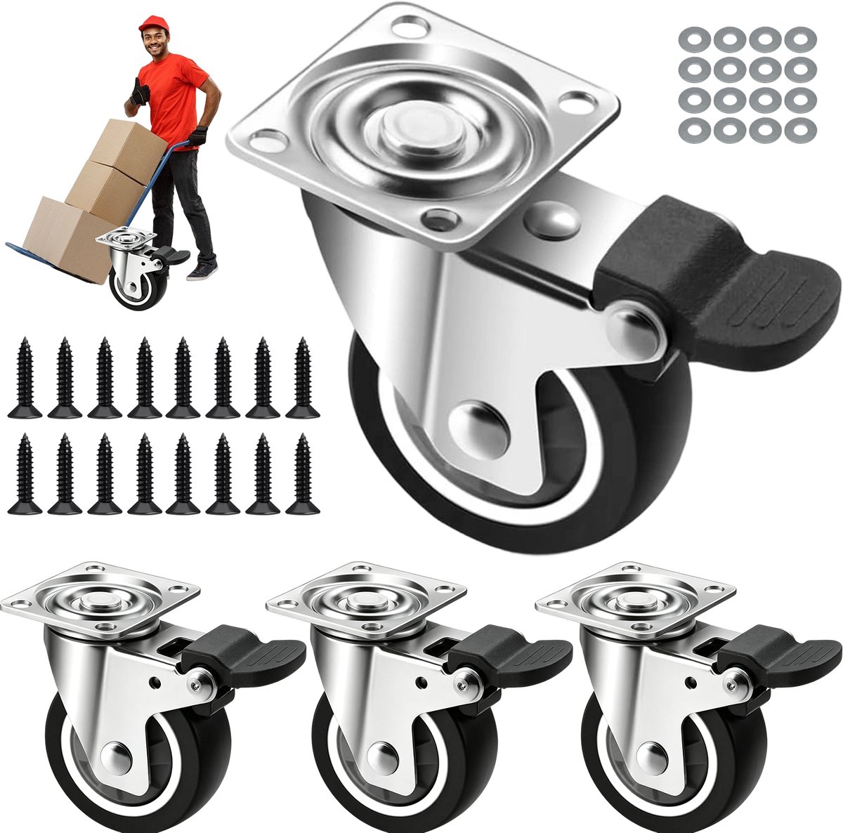 Meubelwielen 4 Stuks - Zwarelast Zwenkwielen - TPE RubberenWiele - 360° Draaibaar - met Rem - 43 mm - Stil & Slijtvast - Krast Vloer Niet - Eenvoudig Monteren - Bewegend Wiel - Voor Kasten & Meubels & Apparaten & DIY