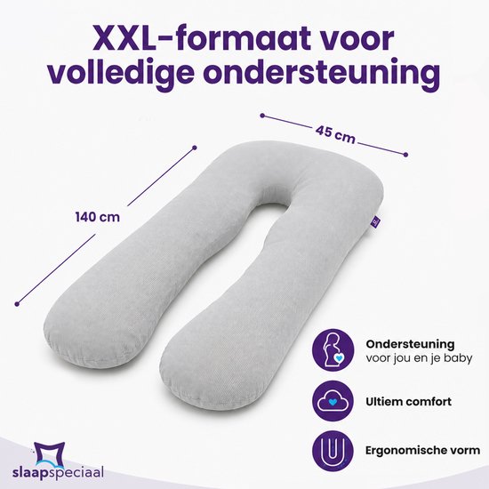 Slaapspeciaal XXL Zwangerschapskussen U-Vorm 140x75 cm - Ergonomisch Body Pillow & Zijslaperkussen - Afneembare Grijze Wafelhoes — afbeelding 5