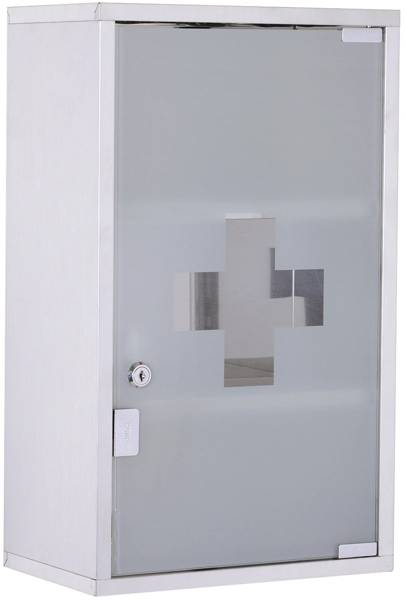 Bresht Medicijnkast - Met slot - Roestbestendig RVS - EHBO-kruis - Mat Veiligheidsglas - Wandmontage - Wit - 30 × 12 × 60 cm