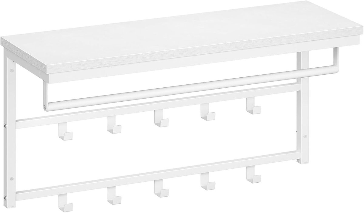 Wandgarderobe met Plank, Wandplank met 10 Haken en Stangen, Muurbevestigde Opbergoplossing voor Woonkamer, Slaapkamer en Badkamer, 80 x 30 x 42 cm, Wit