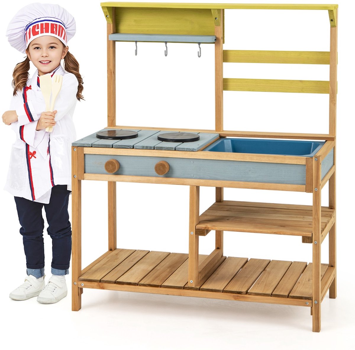 SureDeal® - Rollenspell - Buiten Modderkeuken - Kinderen Hout - Waterfunctie Speelkeuken - Kinderen - Haak - 75x36x92 cm - Naturel