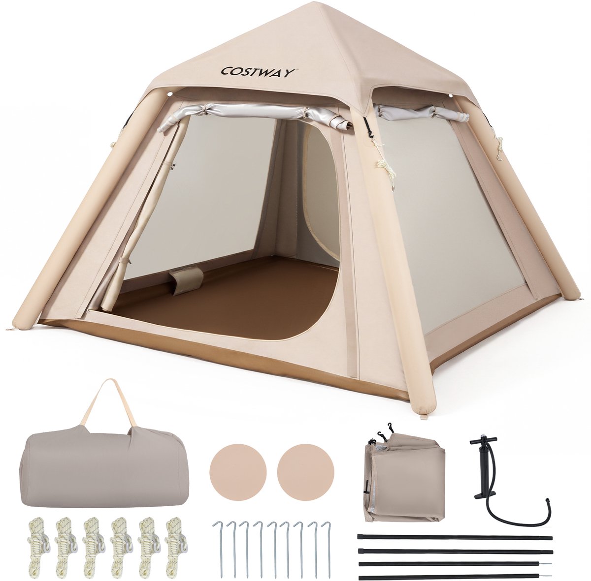 SureDeal® - Kamper - Opblaasbare Campingtent - Personen Lucht Tent - Afneembare Luifel Koepeltent - 230x230x163 cm - Koffiebruin