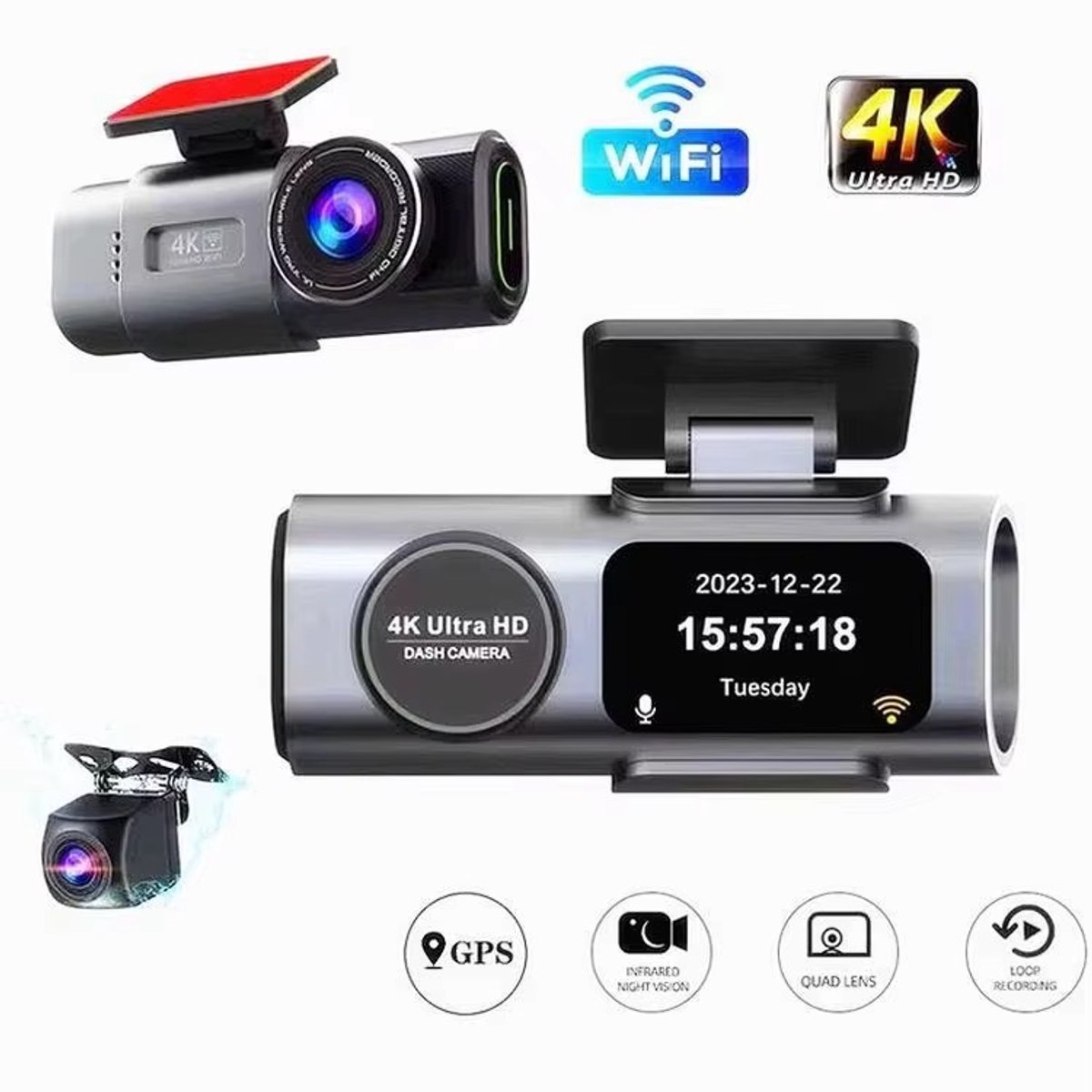 Lordani Dual Dashcam voor auto | Ultra 4K & 1080P | Voor en Achter Camera | WiFi en GPS | met App | Nachtzicht | Parkeerbewaking | G Sensor | Loop opname | Full HD achter camera