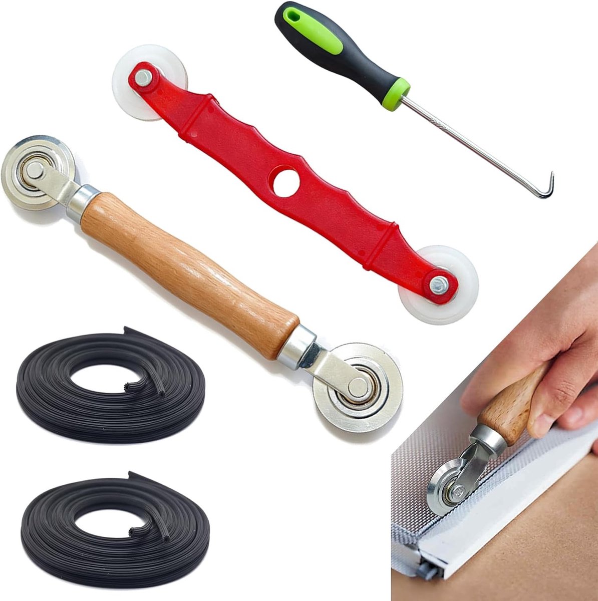 Reparatieset voor horren, 4-delige set met 18m x 5mm rubberen tape en dubbelwiel raamafdichtroller voor eenvoudige installatie en vervangonderdelen