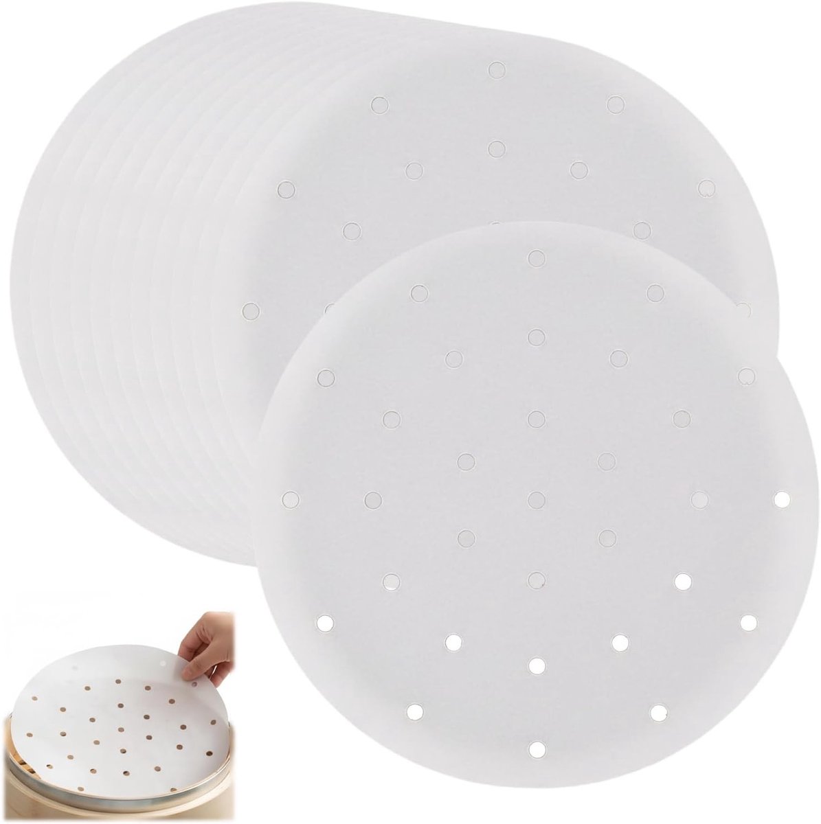 Set van 100 Ronde Bamboo Stoompapier, 23 cm, Antiaanbaklaag voor Stomen, Perfect voor Dumplings en Dim Sum