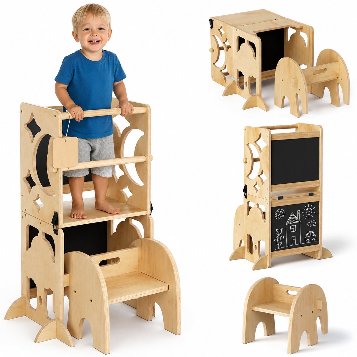Leertoren Montessori 4-in-1 – Opvouwbaar – Houten Keukenhulp met Tafel, Krukje en Dubbelzijdig Bord