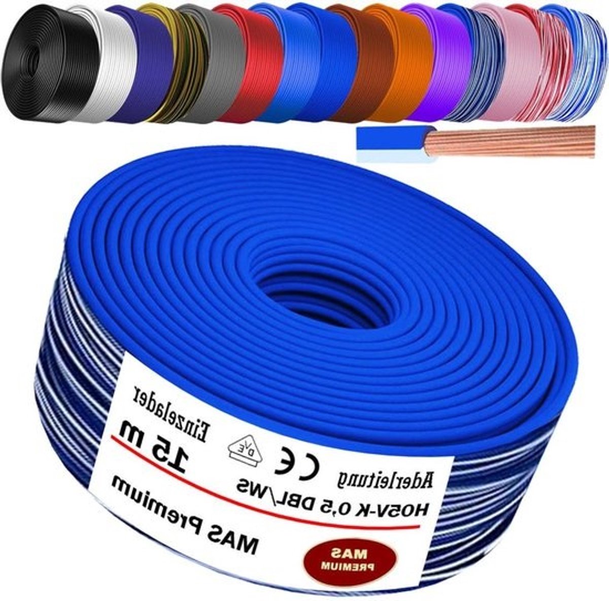 Aderkabel H05 V-K - Flexibele installatiekabel - Elektrische installaties - Fijndradig koper - 05 mm² - Blauw-wit