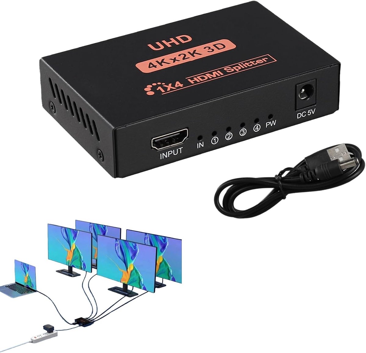 4K HDMI Splitter 1x4 voor Gelijktijdige Weergave op 4 Monitoren, Ondersteunt Full HD 1080P en 3D, Ideaal voor TV, Projector en Thuisbioscoop