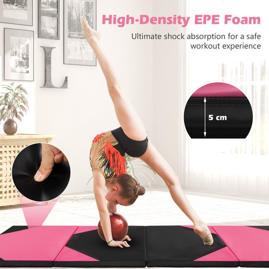 SureDeal® - Yogamatt - Opvouwbare Gymnastiekmat - Panelen Schuim - Trainingsmat - Handgrepen - Klittenband - 300x117x5 cm - Roze + Zwart — afbeelding 4