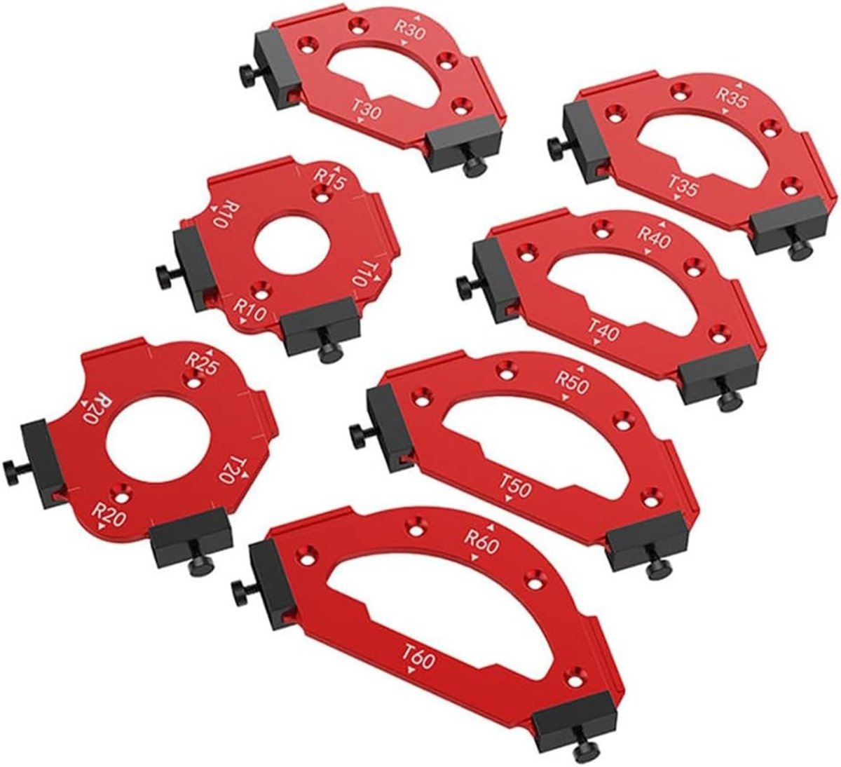 Router Freesjablonen Set van 7 Stuks, Aluminium Houtbewerking, Precisie R10-R60 en T10-T60 Accessoires voor Professionele Houtbewerking