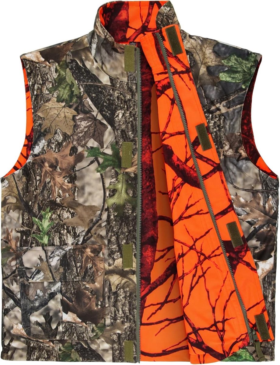 Zachte jachtvest voor heren met zakken, omkeerbaar in oranje en camouflage, ideaal voor buitenactiviteiten