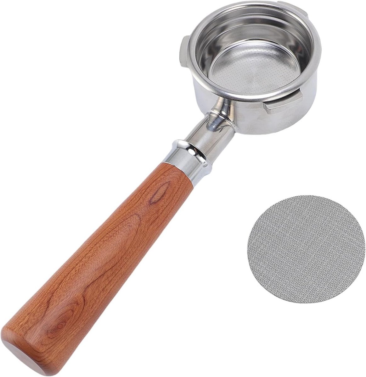 Bodemloze zeefdrager 58 mm voor koffiemachine met houten handvat, ideaal voor espresso en cappuccino bereiden