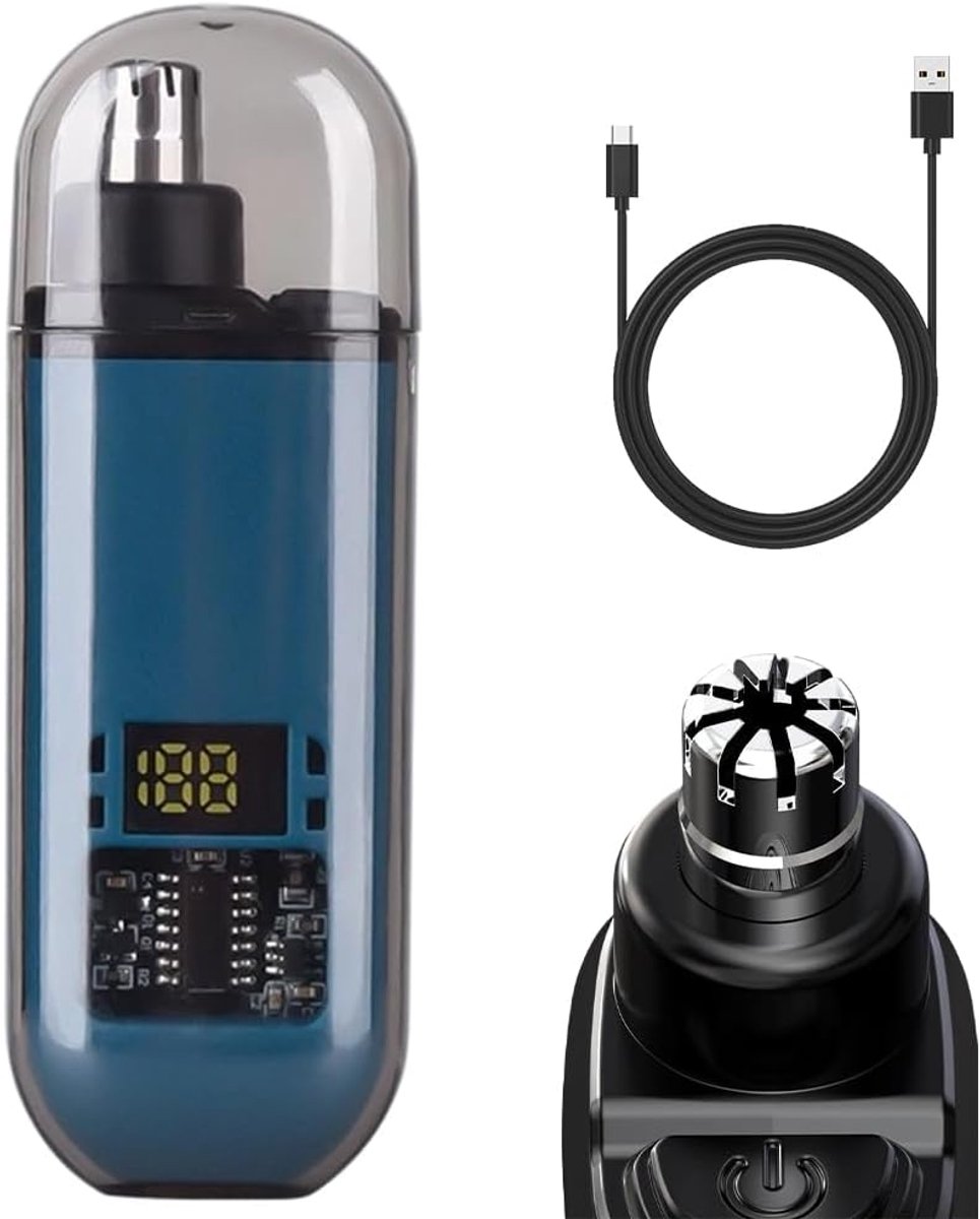Slimme elektrische neushaartrimmer – Draagbare neus- en oorhaartrimmer – Met digitaal led-display – Handig voor op reis – Blauw