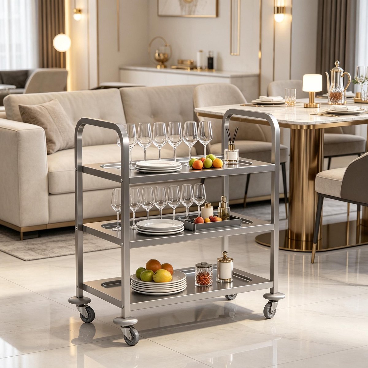 Clruro Keukenwagen - 90,5 x 50,5 x 88,2 cm - 3 Niveaus - 4 Wielen - RVS - Chroom