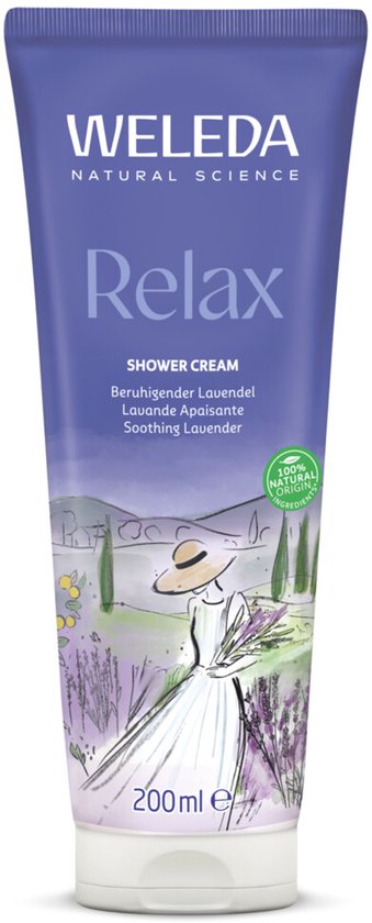 Weleda Relax Douchecrème met een tekening van een vrouw in een lavendelveld. 200 ml.