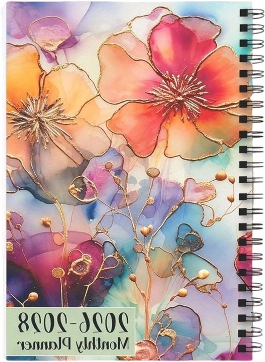 Maandplanner Notitieboek - Agenda Jaarplan - Langetermijn Planning - Bloemen Design - A5 Formaat - Goudfolie