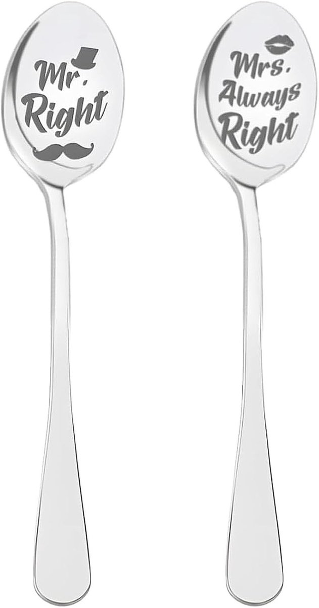 Leuke lepelset met gravure "Mr Right & Mrs Always Right", perfect als trouwcadeau, jubileumgeschenk of voor samenwonende stellen
