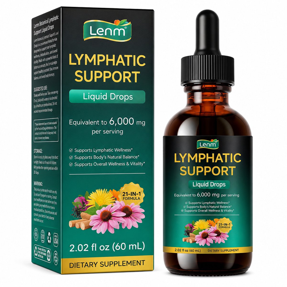 Lenm Botanische Kruidendruppels – 21-in-1 Kruidenformule – 60 ml – 30 Dagdoseringen – Echinacea, Paardenbloem, Brandnetel & Vlierbes