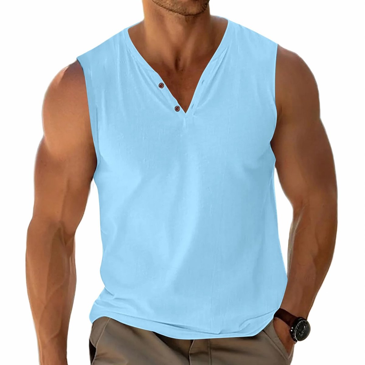 Heren Mouwloze Tanktop - Casual Henley Kraag - Blauw